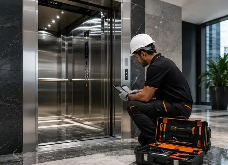 Elevator maintenance technician performing preventive maintenance in Qatar